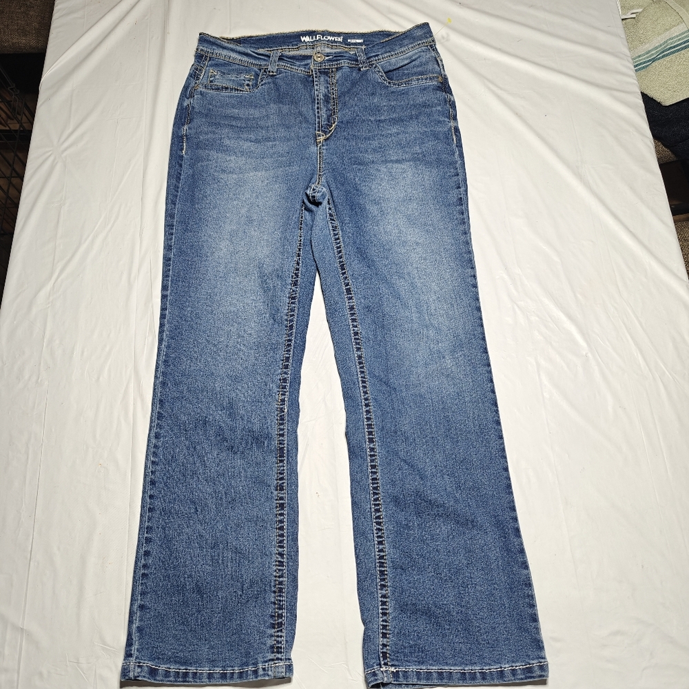 Wallflower Womens Dark Wash 5 Pocket Stretch Ultra Fit Denim Blue Jeans 14 Short